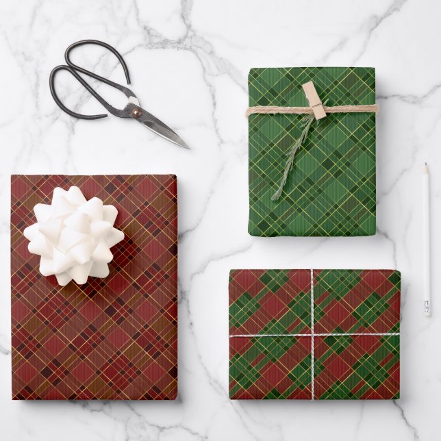 Hoja De Papel De Regalo Tartán Navidades de la placa dorada verde roja (Anverso)