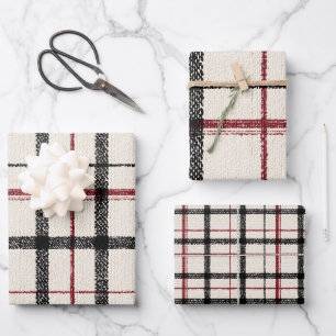 Hoja De Papel De Regalo Tartan neutro blanco negro y rojo