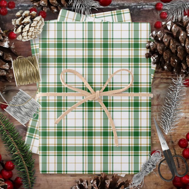 Hoja De Papel De Regalo Tartán - Oro blanco-verde-caramelo (Tartan - White-Green-Caramel Gold Wrapping Paper Sheets by Leapfroglisics Shop)