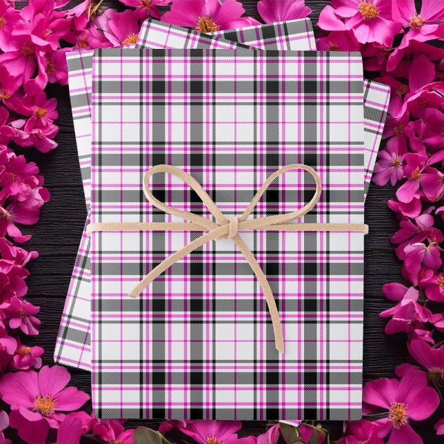 Hoja De Papel De Regalo Tartán - Rosa blanco-negro-caliente (Tartan - White-Black-Hot Pink Wrapping Paper Sheets by Leapfroglisics Shop)