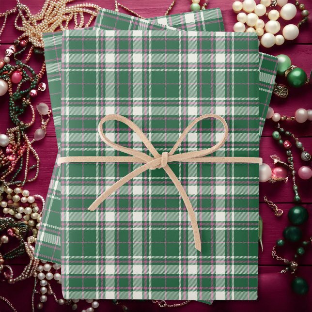 Hoja De Papel De Regalo Tartán - Rosa verde esmeralda-marfil-Rosa (Tartan - Emerald Green-Ivory-Rose Pink Wrapping Paper Sheets by Leapfroglisics Shop)