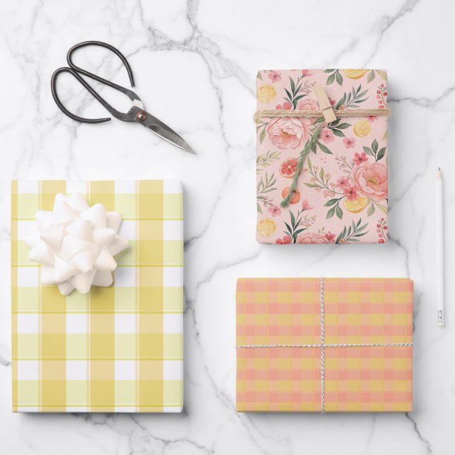 Hoja De Papel De Regalo Tartan rose lemon yellow peach set wrapping paper (Anverso)