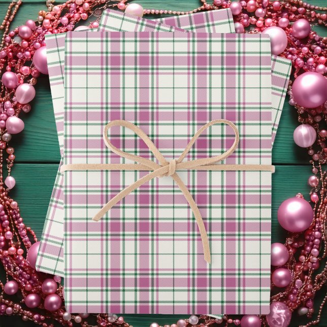 Hoja De Papel De Regalo Tartán - Verde rosado-esmeralda Rosa de marfil (Tartan - Ivory-Rose Pink-Emerald Green Wrapping Paper Sheets by Leapfroglisics Shop)