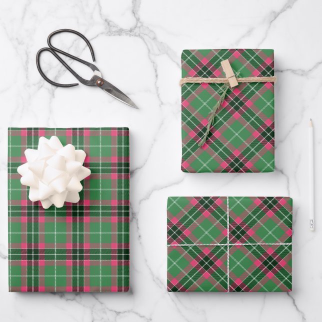 Hoja De Papel De Regalo Tartán verde y rosa (Anverso)