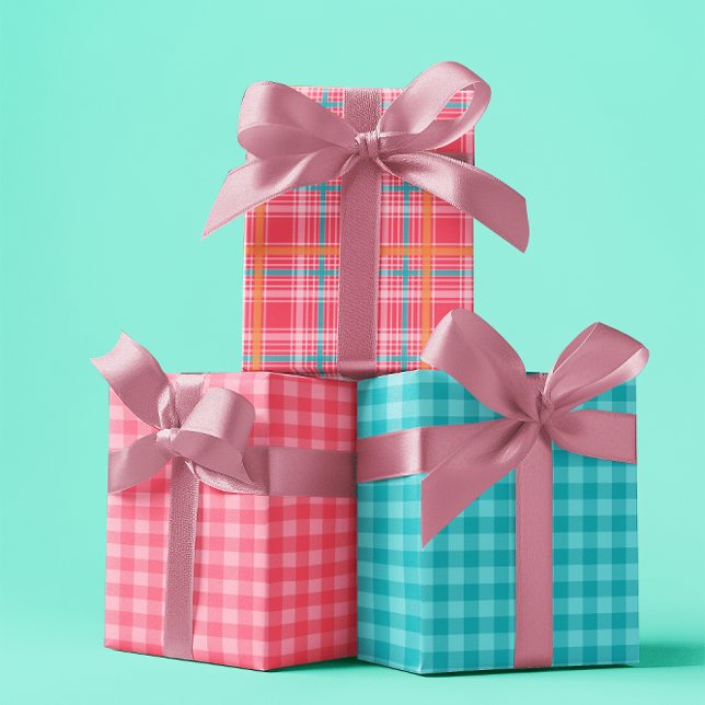 Hoja De Papel De Regalo Tartar rosa y azul, conjunto de verano de 3 (Pink & Blue Tartar plaid summer set of 3 Wrapping Paper Sheet)