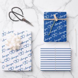 Hoja De Papel De Regalo Te Amo Valentine Blue Hearts Stripes
