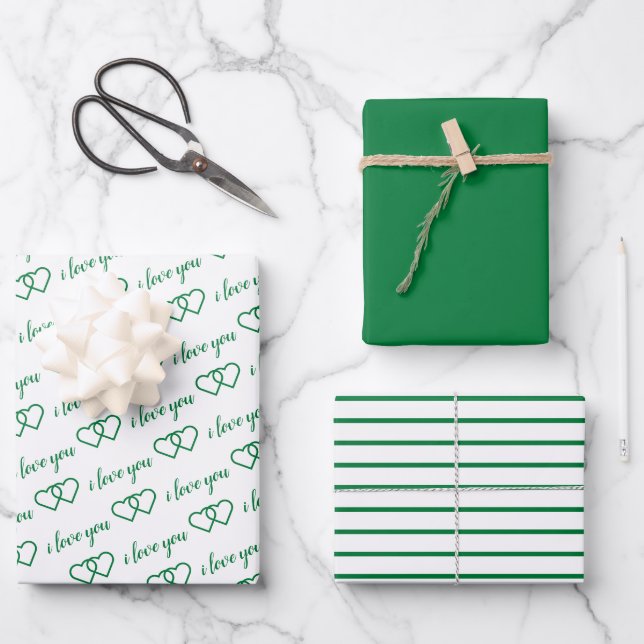 Hoja De Papel De Regalo Te Amo Valentine Green Hearts Stripes (Anverso)