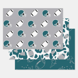 Hoja De Papel De Regalo Teal and Gray Football Helmet and Ball Patterns