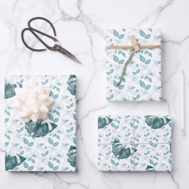 Hoja De Papel De Regalo Teal Blue Butterflies Birthday (Anverso)