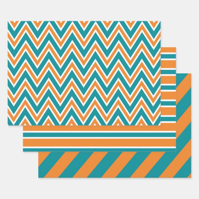 Hoja De Papel De Regalo Teal, Orange, and White Chevron & Stripe Patterns (Set)
