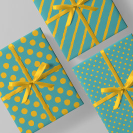 Hoja De Papel De Regalo Teal With Yellow Messy Stripes & Messy Polka Dots