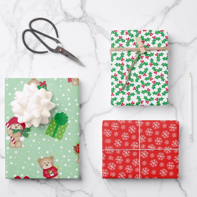 Hoja De Papel De Regalo Teddies navidades, Holly Berries, Snowflakes Set (Anverso)
