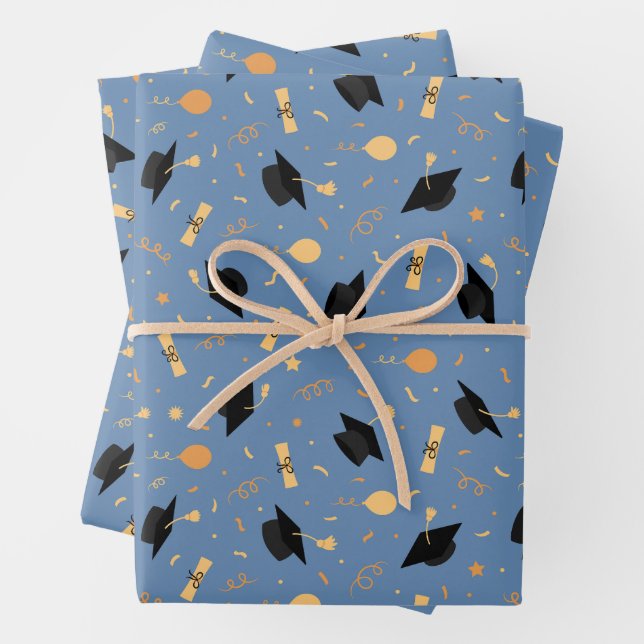 Hoja De Papel De Regalo Tema de graduación con Cap, Diploma, Azul globo (In situ)