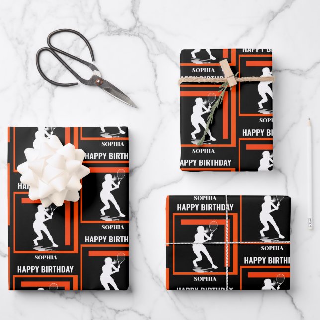 Hoja De Papel De Regalo Tennis Birthday, Tennis Girl Player  (Anverso)
