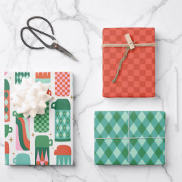 Hoja De Papel De Regalo Termosis de Vintage Navidades Rojo, Verde y Blanco