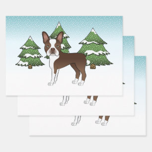 Hoja De Papel De Regalo Terrier Boston De Chocolate Brown En Una Selva De