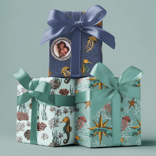 Hoja De Papel De Regalo Tesoros costeros caballitos de mar y corales náuti