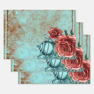 Hoja De Papel De Regalo Tetera floral turquesa
