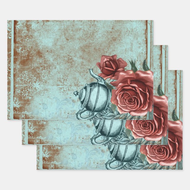Hoja De Papel De Regalo Tetera floral turquesa (Set)