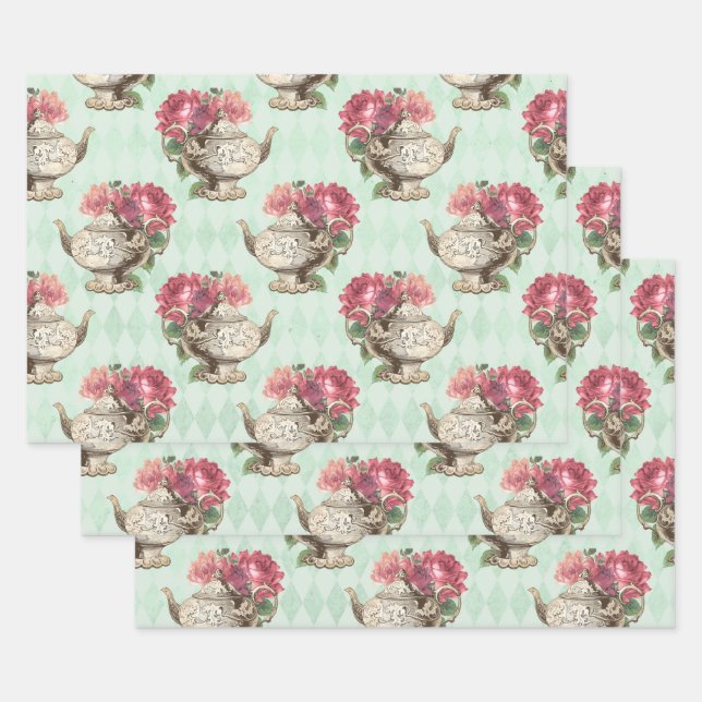 Hoja De Papel De Regalo Teteras antiguas y Rosas (Set)