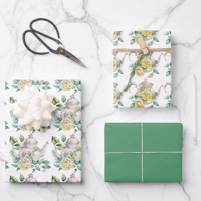 Hoja De Papel De Regalo Teteras y Rosas amarillos Fiestas de té de primave (Anverso)