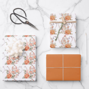 Hoja De Papel De Regalo Teteras y Rosas Naranjas Fiestas de té de primaver