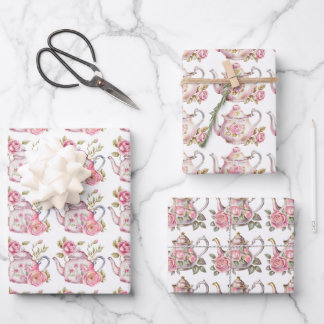 Hoja De Papel De Regalo Teteras y Rosas rosados Fiestas de té de primavera