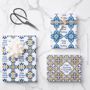 Hoja De Papel De Regalo texto personalizado 💙 💛 3 Azulejos azules y 