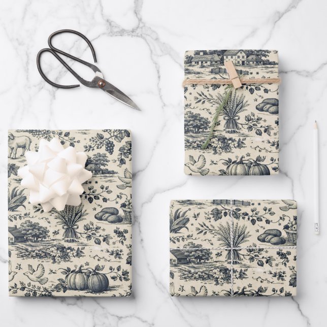 Hoja De Papel De Regalo Thanksgiving Indigo Blue Harvest Toile (Anverso)