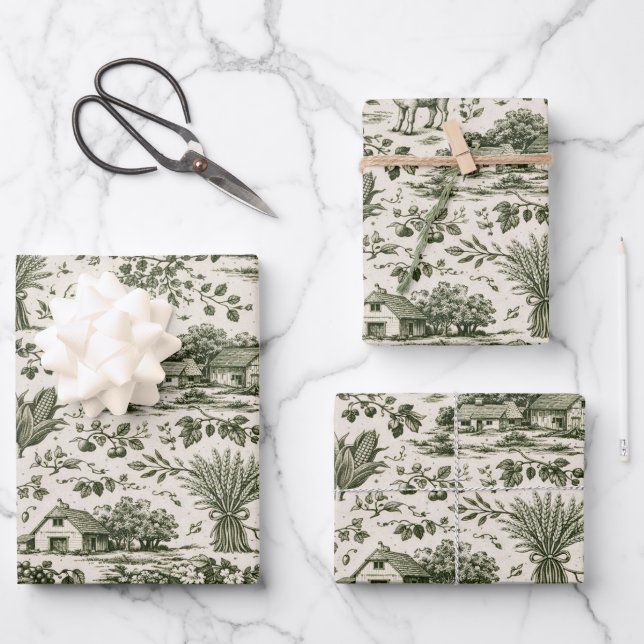 Hoja De Papel De Regalo Thanksgiving Sage Green Harvest Toile (Anverso)