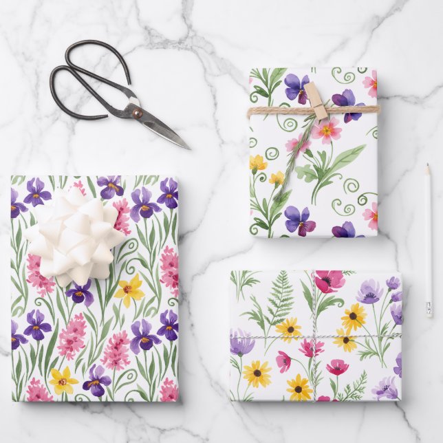 Hoja De Papel De Regalo Three Different Yellow, Pink, Purple Floral  (Anverso)