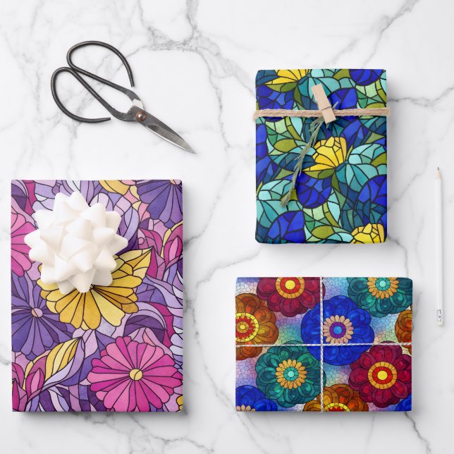 Hoja De Papel De Regalo Three Stained Glass Abstract Floral Patterns (Anverso)