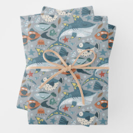 Hoja De Papel De Regalo Tiburón bajo el mar Niños de peces Cumpleaños