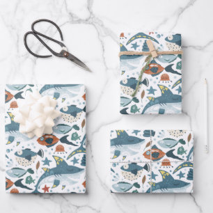 Hoja De Papel De Regalo Tiburón bajo el mar Pescado Niños blancos Cumpleañ