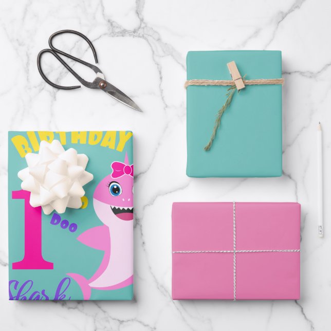Hoja De Papel De Regalo Tiburón Cute 1er cumpleaños  (Anverso)