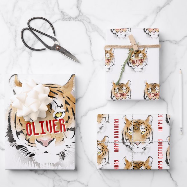 Hoja De Papel De Regalo Tigre acuarela Animal Feliz cumpleaños (Anverso)