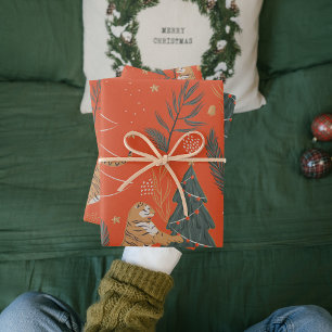 Hoja De Papel De Regalo Tigre navideño con árbol de Navidad