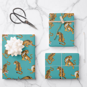 Hoja De Papel De Regalo Tigre sobre el patrón Verde azulado