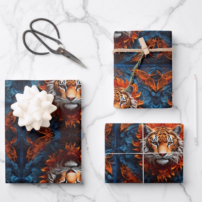 Hoja De Papel De Regalo Tigre vibrante con motivos florales (Anverso)