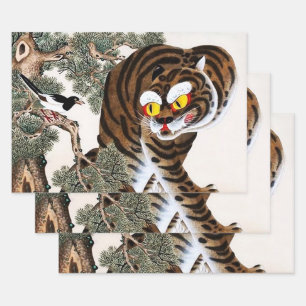 Hoja De Papel De Regalo Tigre y Urraca Minhwa bajo el Pino