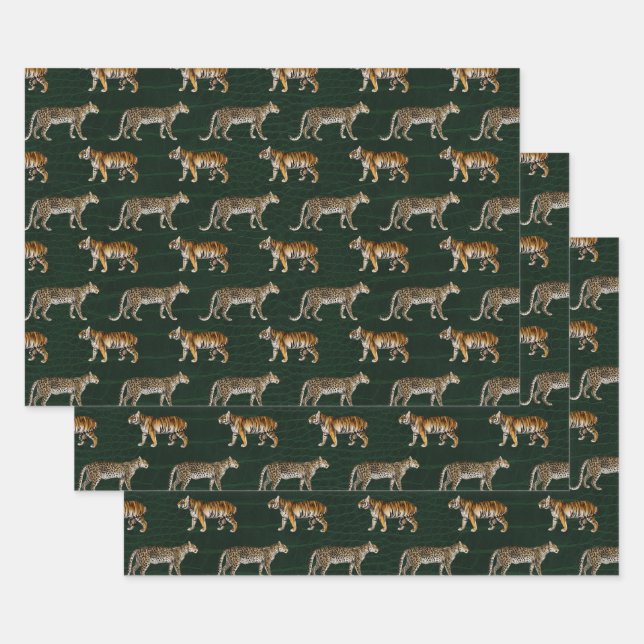 Hoja De Papel De Regalo Tigres y leopardos en verde (Set)