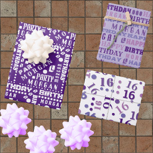 Hoja De Papel De Regalo Tipografía de cumpleaños Morado Cualquier edad Aña