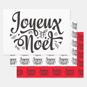 Hoja De Papel De Regalo Tipografía de Joyeux Noel con letras blancas negr