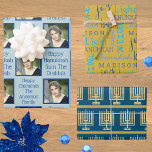 Hoja De Papel De Regalo Tipografía de Menorah Gold Foto Hanukkah Azul<br><div class="desc">Compra hojas de papel envueltas de Hanukkah en un divertido surtido de rayas Menorah de oro, azul sobre tipografía dorada amarilla y un personalizado añade tu diseño fotográfico. Sube tu foto y personaliza dos plantillas de texto independientes en el diseño azul pastel claro. Crea un poco de alegría de Chanukah...</div>