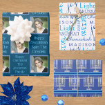 Hoja De Papel De Regalo Tipografía de Plata Menorah Foto Hanukkah Azul<br><div class="desc">Compra las hojas de papel envueltas en Hanukkah en una divertida gama de rayas de plata Menorah, tipografía azul sobre blanco y un diseño personalizado añade tu diseño fotográfico. Sube tu foto y personaliza dos plantillas de texto independientes en el diseño azul del océano oscuro. Crea un poco de alegría...</div>