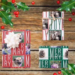 Hoja De Papel De Regalo Tipografía Fotos cuadradas Colores tradicionales