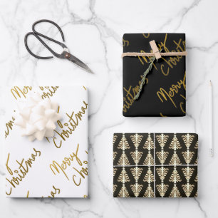 Hoja De Papel De Regalo Tipografía navideña del Purpurina Negro Y Oro