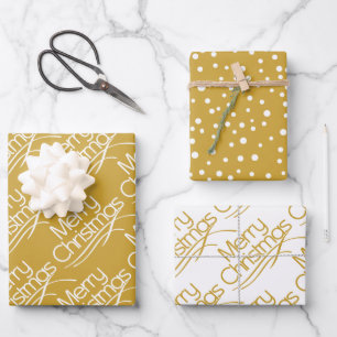 Hoja De Papel De Regalo Tipografía navideña dorada y blanca con puntos fes