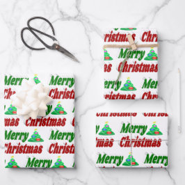 Hoja De Papel De Regalo Tipografía verde roja del árbol de navidad Feliz