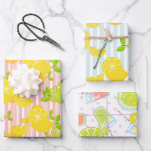 HOJA DE PAPEL DE REGALO TIRA DE COLOR ROSA Y AZUL CON LEMONES Y LÍMITES
